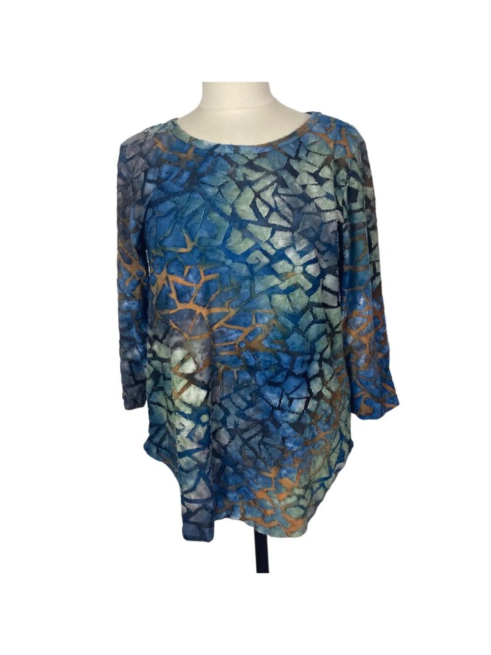 Karen Kane Tie Dye Burnout Tunic Top Petites Large Blue Textured Boho 3/4 Sleeve